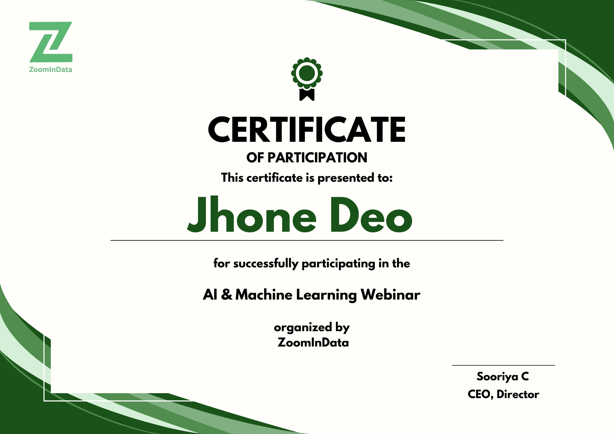 ZoomInData AI & ML Mastery Webinar Certificate